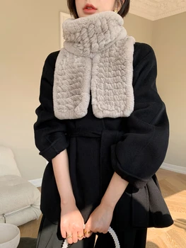 Uzun Yeni Yumuşak Gerçek Rex Tavşan Kürk Eşarp Bayanlar Kış Sıcak Örme Scrochet Moda Sarar Kadınlar İçin