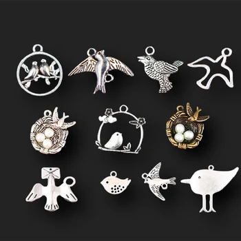 11 adet Karışık Kuş Koleksiyonu Metal Kolye, Yutmak Charm, Serçe Charm, kuş Yuva Charm, Taşıyıcı Güvercin Charm, Saksağan Charm,