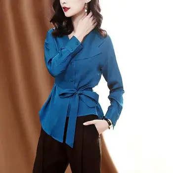 Kadın İlkbahar Sonbahar Stil İpek Bluz Gömlek kadın V Yaka Düz Renk Düğmesi Uzun Kollu Kore Üstleri SP576