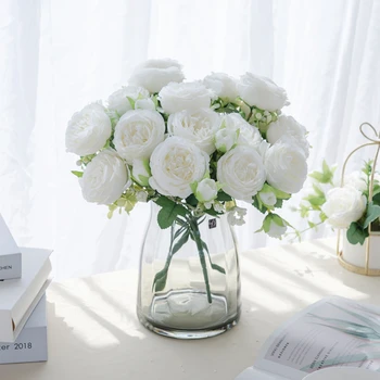 3 Adet 30Cm Yapay Bitkiler İpek Şakayık Buket Scrapbooking Düğün Çelenkleri Sahte Beyaz Güller Vazo Ev Dekorasyonu için Noel