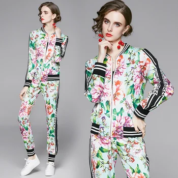 Retro Çiçek Kadın Pantolon Setleri 2021 Pist Uzun Kollu Ceket Ceket + Baskılı Pantolon İlkbahar Sonbahar Tasarımcı İnce İki Parçalı Takım Elbise