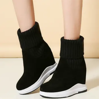 Kış Moda Ayakkabı Kadın Hakiki Deri Takozlar Yüksek Topuk yarım çizmeler Kadın Örgü Yuvarlak Ayak Oxfords Ayakkabı rahat ayakkabılar