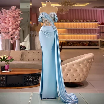 Gökyüzü Mavi Akşam Elbise Saten Sevgiliye Kristal Boncuklu Lüks Balo Elbise Kadınlar için Kolsuz Draped Illusion Mermaid Parti Kıyafeti