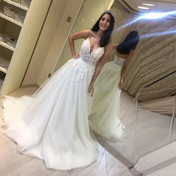 Gerçek düğün elbisesi Spagetti Kayışı Aplikler A-Line Custom Made Dantel Gelinlikler Beyaz Gelin Elbiseler vestido de noiva