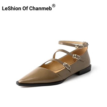 LeShıon of Chanmeb Kadınlar Gerçek deri ayakkabı Üç Toka Sivri Burun Gümüş Ayak Bileği Kayışı Düşük Topuk Pompaları Bayan 2023 Bahar Ayakkabı