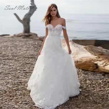 Boho Kapalı omuz düğün elbisesi A-Line Dantel Aplikler gelin elbiseleri 2022 Plaj gelinlikler gelinlikler Vestido De Noiva