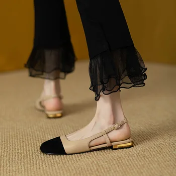 Kadın düz ayakkabı Deri Slingback Ayakkabı Kare Ayak Retro Fransız Tarzı Ayak Bileği Toka Sandalet Moda Patchwork Düşük Topuk Sandalias