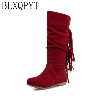 BLXQPYT Artı Boyutu 32-50 Sonbahar Kış Çizmeler Kadın Platformu Düz topuk Kadın Saçak Ayakkabı Kadın Med Buzağı Çizme Ayakkabı 3003