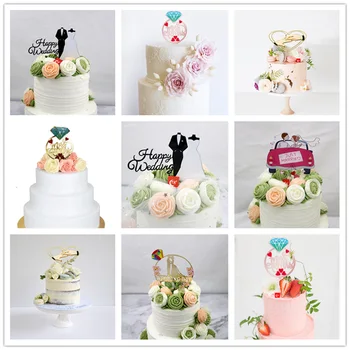 Romantik Düğün tema Kek Topper Elmas Yüzük Düğün Pastası Bayrakları Renkli Baskı Nişan / İtirafı Kek Tatlı Süslüyor