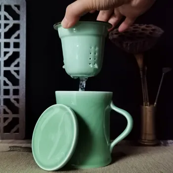 Kahve Kupa kapaklı bardak ve Demlik Filtre 12 oz Çay Fincanı Oyma Bambu Yaprağı Seramik Porselen Mikrodalga ve Bulaşık Makinesi Güvenli