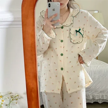 Sonbahar Gevşek Cilt dostu Rahat Pijama Kabarcık Pamuk Retro Çiçek Baskı Uzun kollu Pantolon Ev Giysileri 2 Adet Set D646