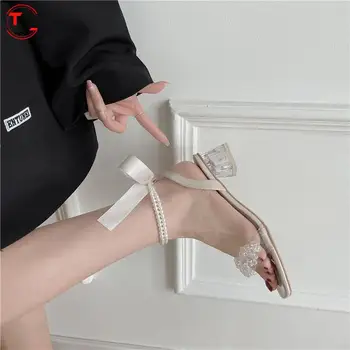 Yeni Bayanlar Bej Yüksek Topuklu Şeffaf Stilettos 2022 platform sandaletler Takunya Bayanlar için Tatlı 5cm Yay TGHDOF35-43