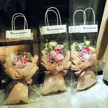 50 adet Çiçek Ambalaj Kutusu Şeffaf PVC Çiçek Buketi Torbalama Çiçekçi Dekorasyon Uzun Tote şeffaf çanta Sıralama Ambalaj Çantası