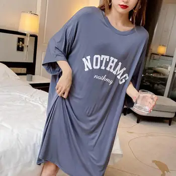 Mektup Baskı Kadın Pijama Modal Gecelik Kısa Kollu Uyku Elbise Yaz Loungewear Kadın Gecelik Rahat Ev Elbise