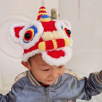 Aslan uyanık Şapka Kaplan Kafası Şapka Dıy Dokuma çocuk Bebek Bebek Geleneksel Aslan Dans Şapka Bir yaşındaki Hediye El Yapımı