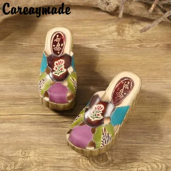 Careaymade-Halk tarzı Kafa katman dana saf el yapımı Oyma ayakkabı, retro sanat mori kız ayakkabı, kadın rahat Sandals1908-5