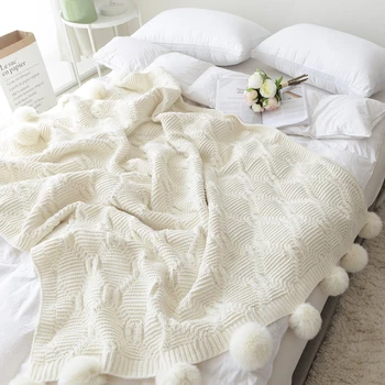 DUNXDECO örgü battaniye Yumuşak Sıcak Yatak Örtüsü İskandinav Beyaz Topları klima Kanepe Battaniye Yatak Modern Oda Dekorasyon