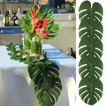 Yeşil Büyük Yapay Tropikal Palmiye Yaprakları Masa Koşucu Hawaiian Luau Parti Orman Plaj Tema Düğün Süslemeleri Doğum Günü