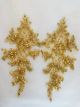 1 çift El Kasalı Altın Taklidi Aplike Kristal Dikiş Çiçek Kumaş Yama gelinlik Gelin Elbise Elbise DIY El Sanatları