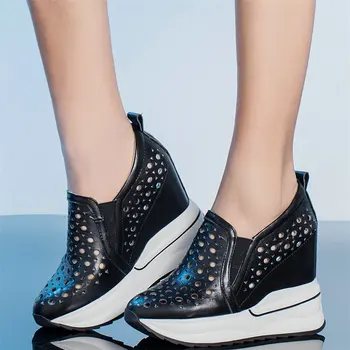 2021 Yaz Ayakkabı Pompaları Kadınlar İçi Boş Hakiki Deri Takozlar Yüksek Topuk yarım çizmeler Kadın Yuvarlak Ayak Moda Ayakkabı rahat ayakkabılar