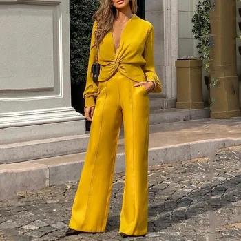 Kadın Takım Elbise 2023 Yeni Uzun Kollu Düz Renk Gevşek Pantolon İki Parçalı Takım Elbise Zarif Rahat Kadın kıyafetler elbiseler
