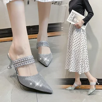 2021 Kadın Bling Glitter Terlik Bayanlar Seksi Sivri Burun İnce Topuklu Kadın Rahat Katır Kadın moda ayakkabılar kadın ayakkabısı