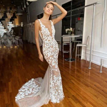13900 # Seksi Mermaid Kolsuz düğün elbisesi 2022 Moda Aplikler Dantel V Yaka gelin kıyafeti Backless Tül Vestidos De Noiva