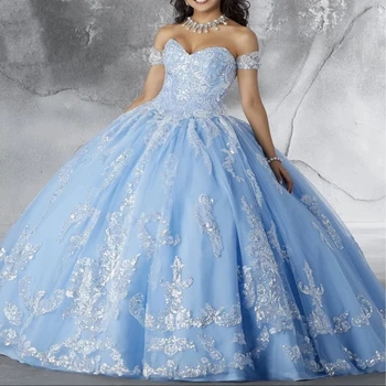 Gökyüzü Mavi Ucuz Quinceanera elbise Balo Kapalı Omuz Tül Aplikler Kabarık Tatlı 16 Elbiseler