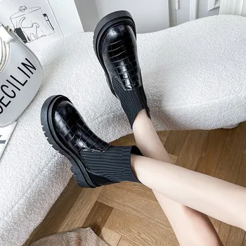 35-43 Artı Boyutu kadın ayakkabısı Kadın Botları kadın İngiliz Tarzı Elastik Örme Çorap Kalın Taban yarım çizmeler Kadınlar için Topuklu