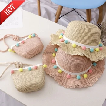 Çocuk Kız Geniş Ağız Saman Dokuma Güneş Koruma plaj şapkası Renkli Ponpon Topu Yaz Disket kova kapağı Taşınabilir Çanta