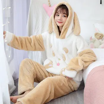 2 Adet / grup kışlık pijama Setleri Kadın Pijama Sıcak Pazen Uzun Kollu Mercan Pijama Pembe Kalın Gecelik Pijama Pijama