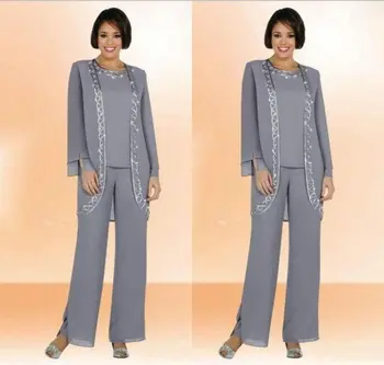 Vintage Gümüş Uzun Artı Boyutu Anne Gelin Pantolon Takım Elbise Şifon Uzun Kollu Ceket Nakış Resmi Önlük
