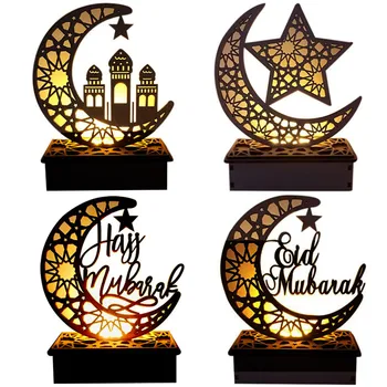 Ay Yıldız Eid Mubarak Ahşap Süs Masa led ışık Kolye Ramazan Aralık Eid Müslüman İslam EİD Kareem Parti Dekor