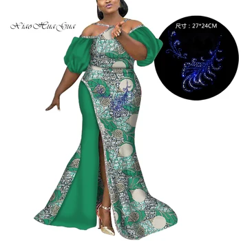 Kadın Anakara Elbiseler Puf Kollu Kapalı Omuz Afrika Baskı Elbiseler Uzun Bölünmüş Akşam Elbise Robe Africaine Bazin Riche WY6511