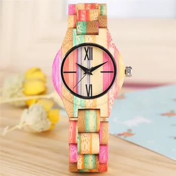 Yaratıcı Renkli Ahşap İzle Kadınlar Hafif Saat Kuvars Analog Romen Rakamı Timepiece Narin Tam Ahşap Saatler Hediye