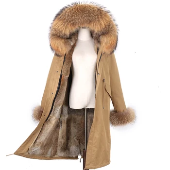 Yeni Su Geçirmez Kadın Ceket Gerçek Tavşan Kürk Ceket X-Uzun Kalın Parka Rex Tavşan Kürk Astar Palto Rakun Kürk Yaka Giyim