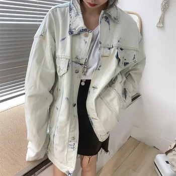 Açık Beyaz Kravat Boyalı Denim Ceket kadın İlkbahar Ve Sonbahar Ins Kore Gevşek Retro Ceket Kızarmış Sokak Liman Tarzı Kovboy ceket