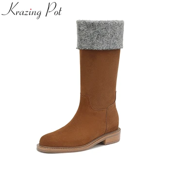 Krazing Pot 2023 Superstar İnek Süet Yuvarlak Ayak Modern Çizmeler Med Topuklu Moda Sıcak kış ayakkabı Pist Zarif Orta buzağı Çizmeler