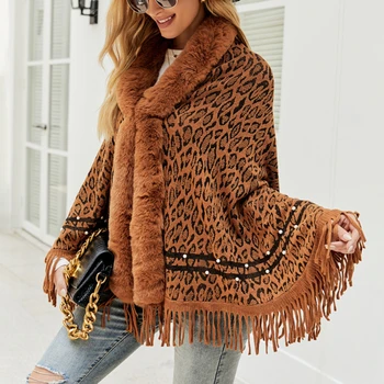 Kadın Mont ve Ceketler Kış Leopar Renk Faux Kürk Yaka Kalın Sıcak Örme Pelerinler ve Pançolar Sonbahar Sıcak Dış Giyim Triko