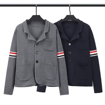 TB THOM erkek Blazers Yeni Varış Kore Moda Ceketler Klasik Kol Bandı Çizgili Çentikli Yaka Ceket Resmi takım elbise Ceket