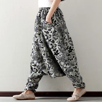 Kadın Halk Çiçek Baskılı Bırak Crotch harem pantolon Vintage Elastik Pamuk Keten Gevşek Fit dökümlü pantolon Rahat Bloomers Pantolon