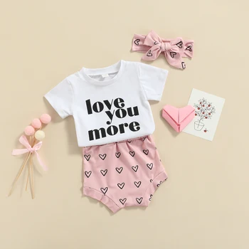 Bebek Kız sevgililer Günü Kıyafetler Bebek Kız Seni Seviyorum Daha Fazla Mektup Kısa Kollu Tişört Üst + Kalp Baskı Pantolon 3 Adet Giysi Set
