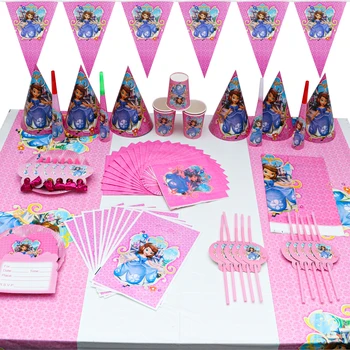 Disney Sofya Prenses doğum günü şapkası Parti Süslemeleri Çocuklar Tabaklar Fincan Tek Kullanımlık Sofra Seti Bebek Duş Kız Malzemeleri 106 Adet