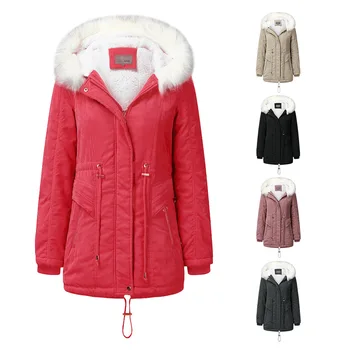 Peluş Kapşonlu Orta uzunlukta Artı Polar Ceket pamuklu ceket Geri Temel Rahat Kadın Giyim Kırpma Ceket Streetwear Kış