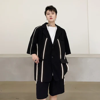 Yaz giyim kişiselleştirilmiş yansıtıcı şerit tasarım Koreli erkek gevşek kısa kollu takım elbise moda erkek 5 kollu takım elbise ceket
