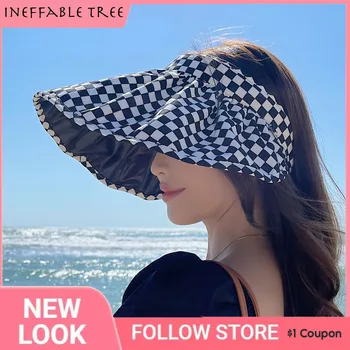 2022 Yeni Kadın Kore Moda Güneş Koruyucu Şapka Büyük Ağız UV Koruma Plaj Gezisi Ekose Boş Üst güneş şapkaları Kadınlar İçin Çift Taraflı