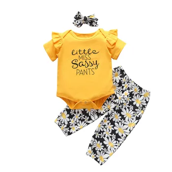 Telotuny Yenidoğan Bebek Kız Giysileri Kısa Kollu Mektup Romper Çiçek Papatya Pantolon Bantlar Kıyafet Seti Bebek Giysileri Seti 0-15m