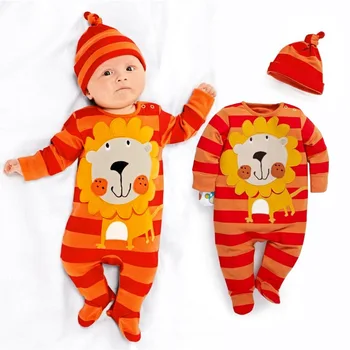 Hooyi Şerit Aslan Sevimli Bebek Erkek Giysileri Yeni Doğan Tulum Şapka Setleri Turuncu Bebe Pijama Takım Ayak Olmadan