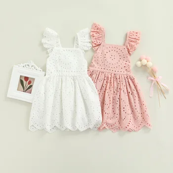 Kızlar yaz elbisesi Ruffles Hollow Out Kolsuz Çocuklar Tatlı Prenses Elbiseler A-Line Düz Renk Kore Tarzı Çocuk Giyim