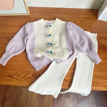 Çocuk Kız Bahar Giysileri Tatlı Bebek Örme Takım Elbise Çiçek Hırka ve Alevlendi Pantolon İki parçalı Çocuk Kıyafet